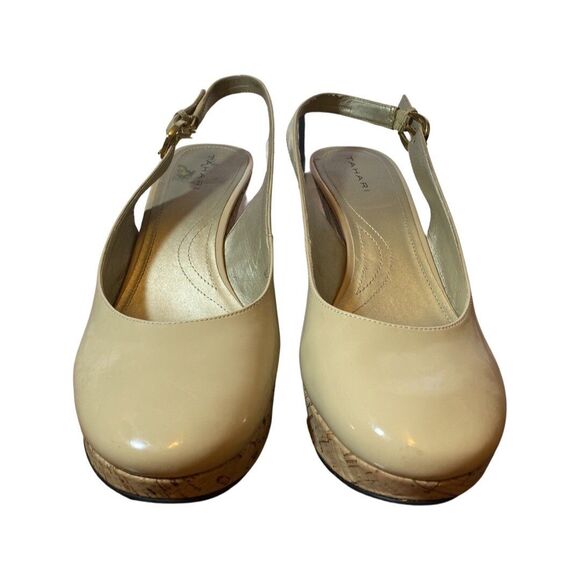 Tahari Casey Buttercup (tan/beige) Patent Leather Cork Wedge Heel Women Size 10 - Picture 3 of 6